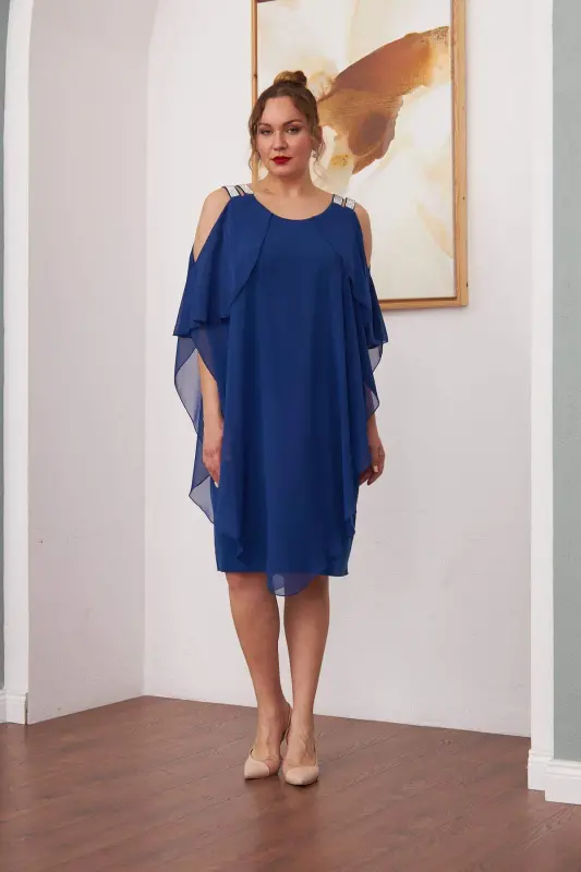 Shoulder Stone Detailed Chiffon Plus Size Sax Dress - BÜYÜKBEDENIZ