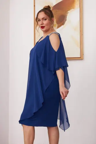 Shoulder Stone Detailed Chiffon Plus Size Sax Dress - BÜYÜKBEDENIZ (1)