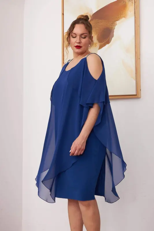 Shoulder Stone Detailed Chiffon Plus Size Sax Dress - 4