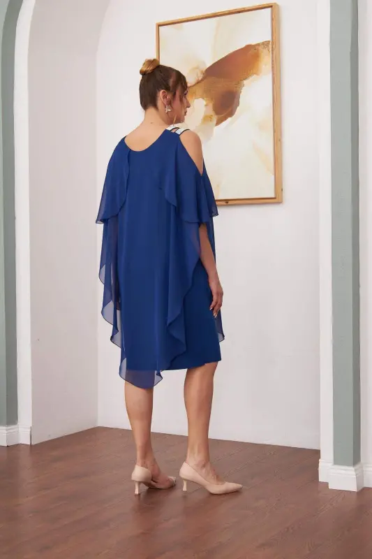 Shoulder Stone Detailed Chiffon Plus Size Sax Dress - 5