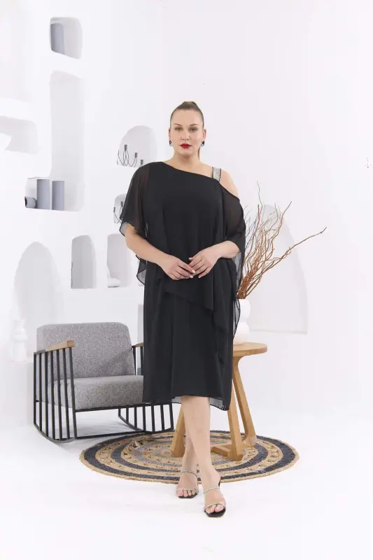 Shoulder Stone Detailed Plus Size Black Chiffon Dress - BÜYÜKBEDENIZ