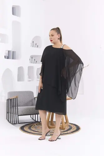Shoulder Stone Detailed Plus Size Black Chiffon Dress - BÜYÜKBEDENIZ (1)