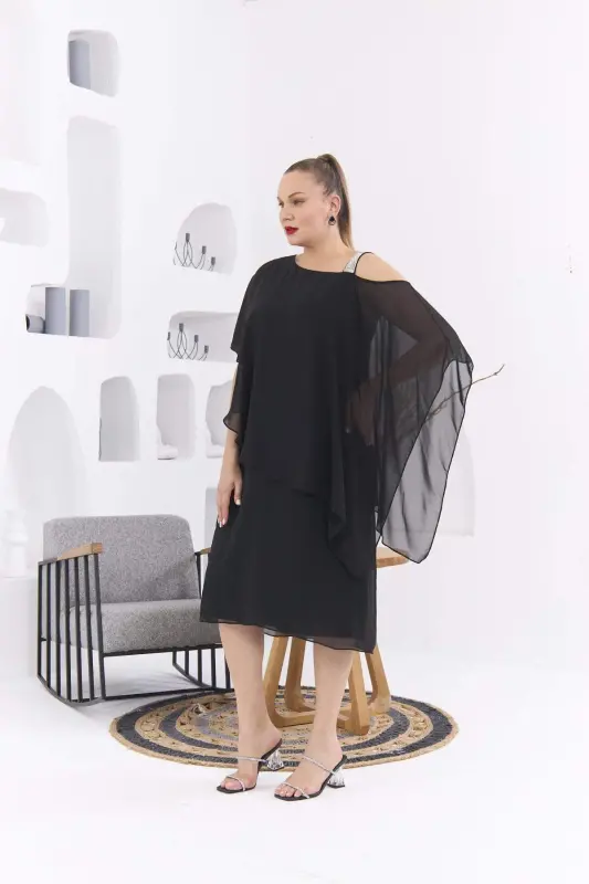 Shoulder Stone Detailed Plus Size Black Chiffon Dress - 2