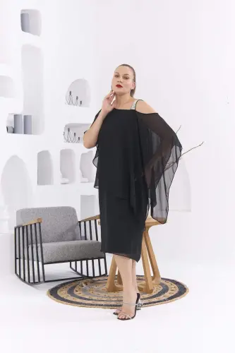 Shoulder Stone Detailed Plus Size Black Chiffon Dress - 3