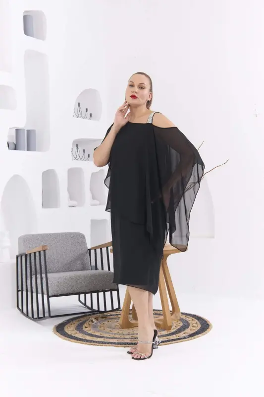 Shoulder Stone Detailed Plus Size Black Chiffon Dress - 3