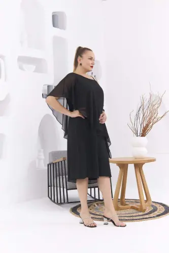 Shoulder Stone Detailed Plus Size Black Chiffon Dress - 4