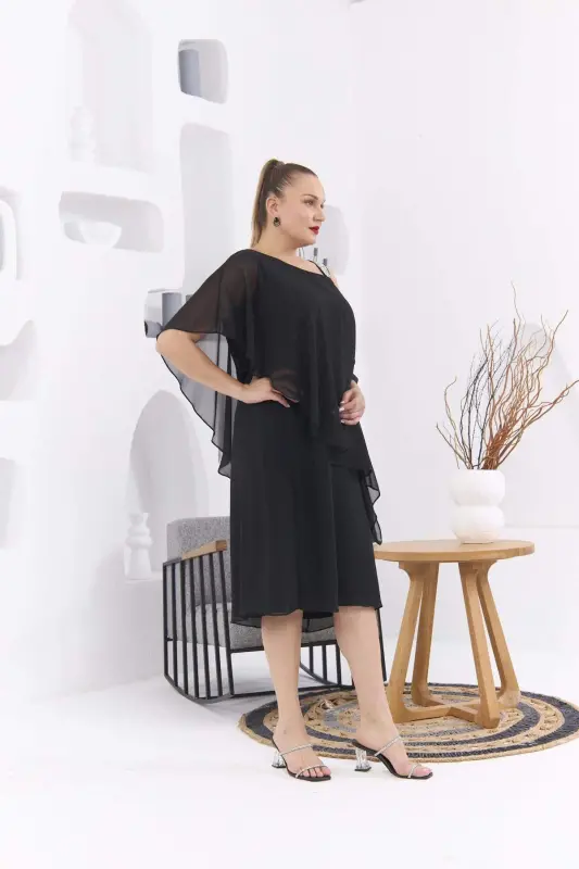 Shoulder Stone Detailed Plus Size Black Chiffon Dress - 4