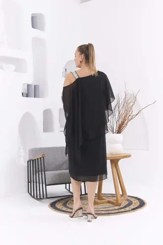 Shoulder Stone Detailed Plus Size Black Chiffon Dress - 5