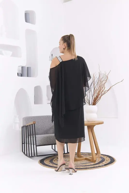 Shoulder Stone Detailed Plus Size Black Chiffon Dress - 5