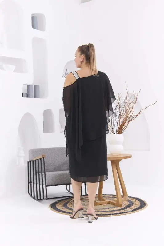 Shoulder Stone Detailed Plus Size Black Chiffon Dress - 5