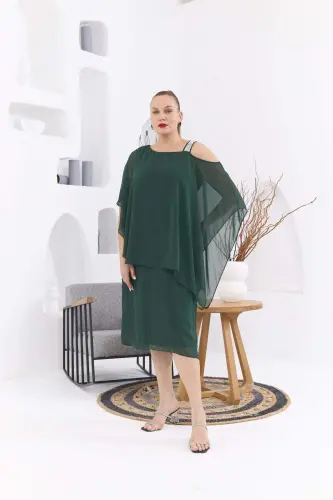 Shoulder Stone Detailed Plus Size Emerald Chiffon Dress - 1
