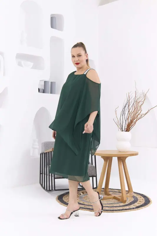 Shoulder Stone Detailed Plus Size Emerald Chiffon Dress - 3