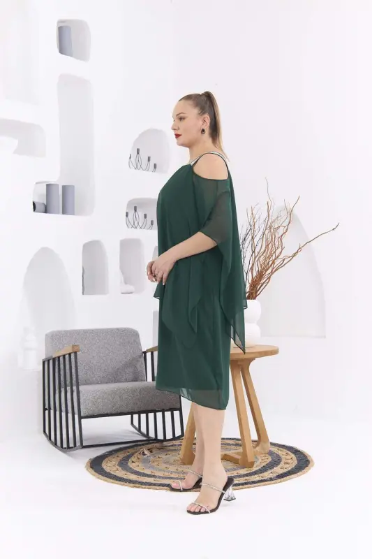 Shoulder Stone Detailed Plus Size Emerald Chiffon Dress - 4