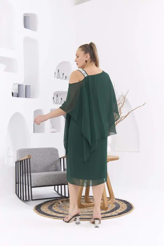 Shoulder Stone Detailed Plus Size Emerald Chiffon Dress - 5