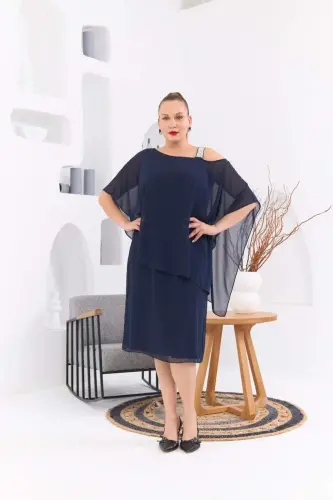 Shoulder Stone Detailed Plus Size Navy Chiffon Dress - 1