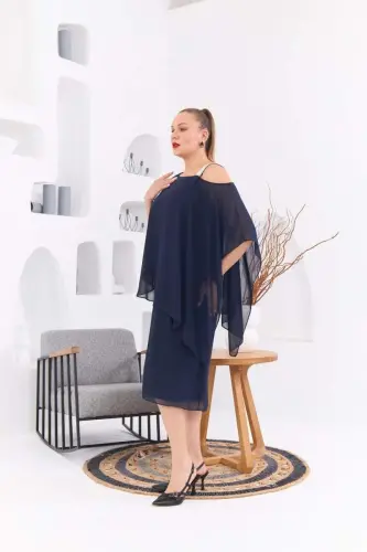 Shoulder Stone Detailed Plus Size Navy Chiffon Dress - BÜYÜKBEDENIZ (1)