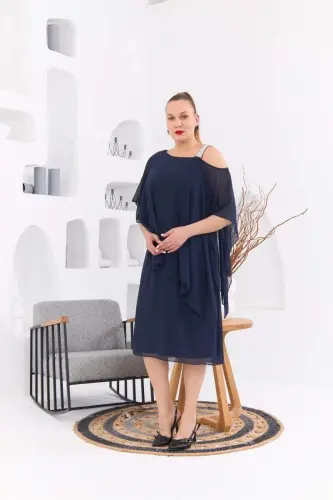 Shoulder Stone Detailed Plus Size Navy Chiffon Dress - 3
