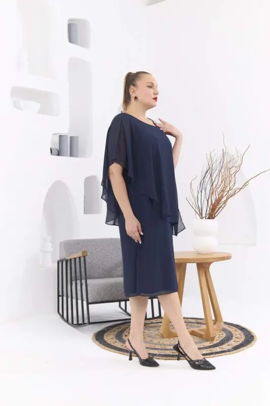 Shoulder Stone Detailed Plus Size Navy Chiffon Dress - 4