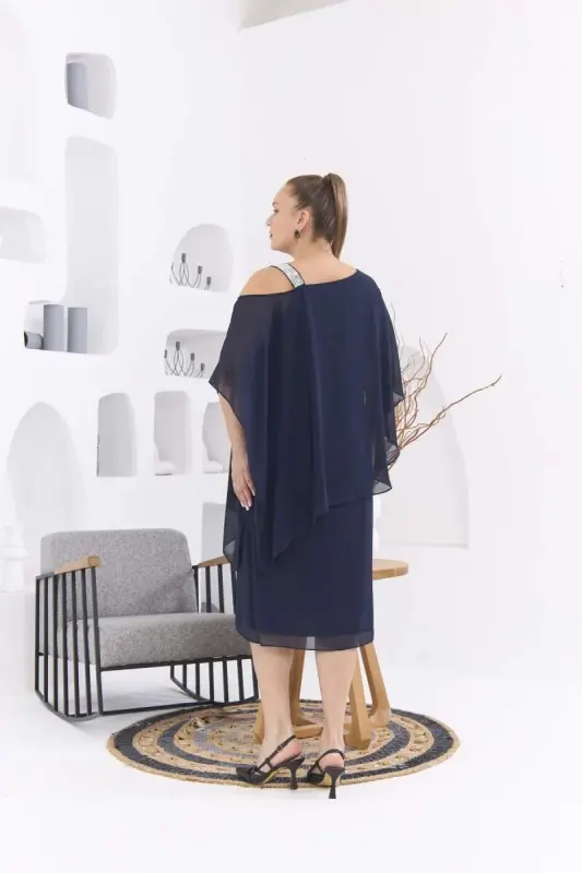 Shoulder Stone Detailed Plus Size Navy Chiffon Dress - 5