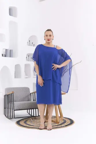 Shoulder Stone Detailed Plus Size Sax Chiffon Dress - 1