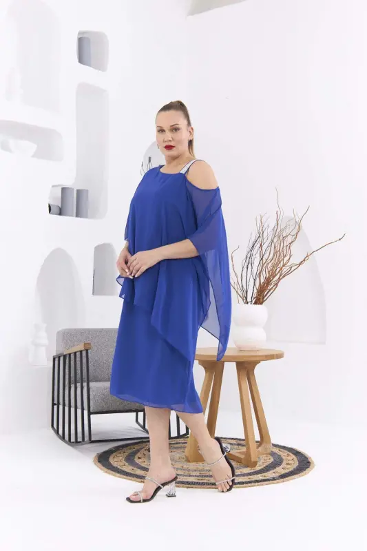 Shoulder Stone Detailed Plus Size Sax Chiffon Dress - 2