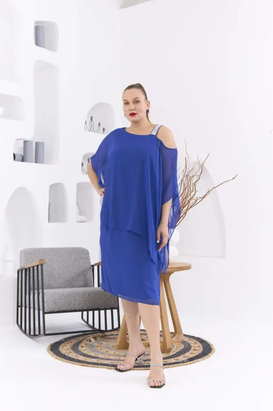 Shoulder Stone Detailed Plus Size Sax Chiffon Dress - 3