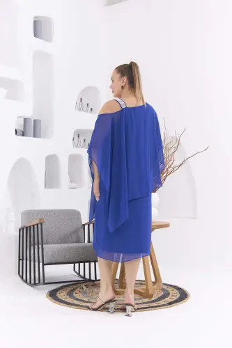 Shoulder Stone Detailed Plus Size Sax Chiffon Dress - 5