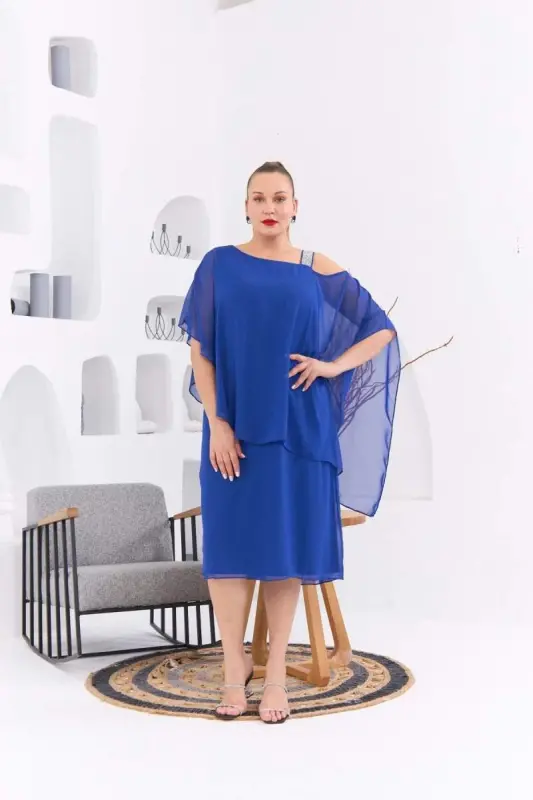 Shoulder Stone Detailed Plus Size Sax Chiffon Dress - 1
