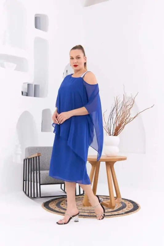 Shoulder Stone Detailed Plus Size Sax Chiffon Dress - 2