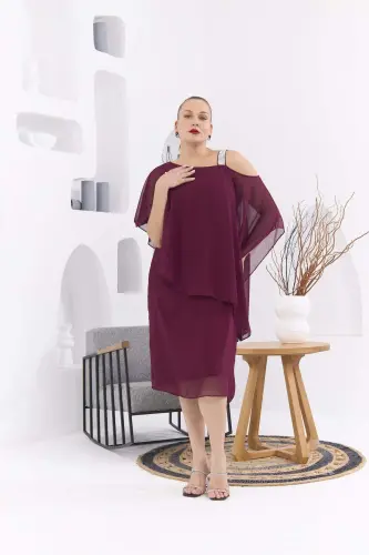 Shoulder Stone Detailed Plus Size Violet Chiffon Dress - 1