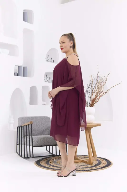 Shoulder Stone Detailed Plus Size Violet Chiffon Dress - 2