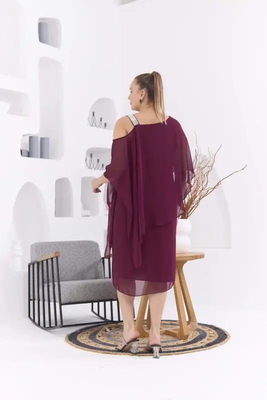 Shoulder Stone Detailed Plus Size Violet Chiffon Dress - 5