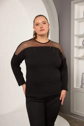Shoulder Tulle Stone Detailed Plus Size Blouse Black - 1