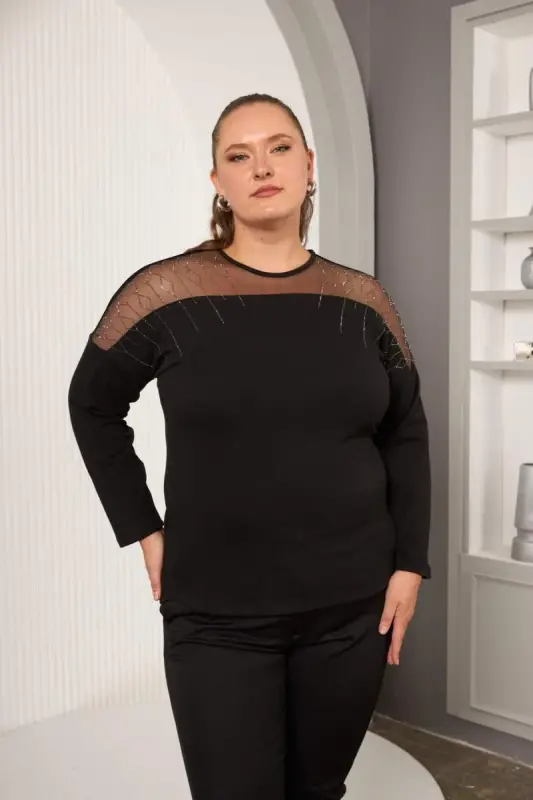 Shoulder Tulle Stone Detailed Plus Size Blouse Black - BÜYÜKBEDENIZ
