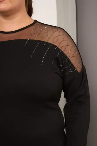 Shoulder Tulle Stone Detailed Plus Size Blouse Black - BÜYÜKBEDENIZ (1)