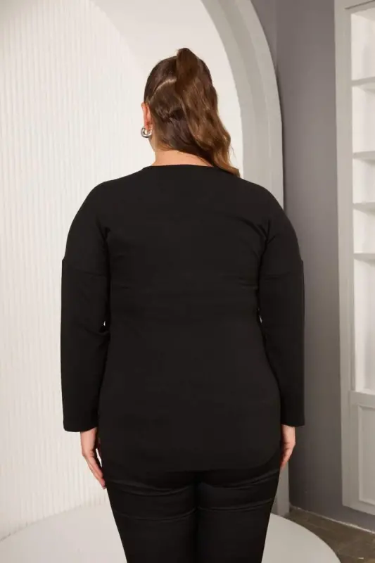 Shoulder Tulle Stone Detailed Plus Size Blouse Black - 4