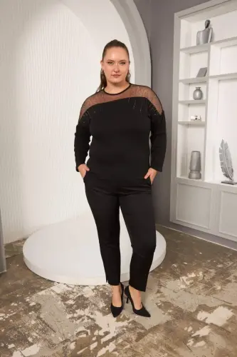 Shoulder Tulle Stone Detailed Plus Size Blouse Black - 5