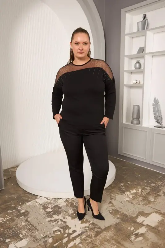 Shoulder Tulle Stone Detailed Plus Size Blouse Black - 5