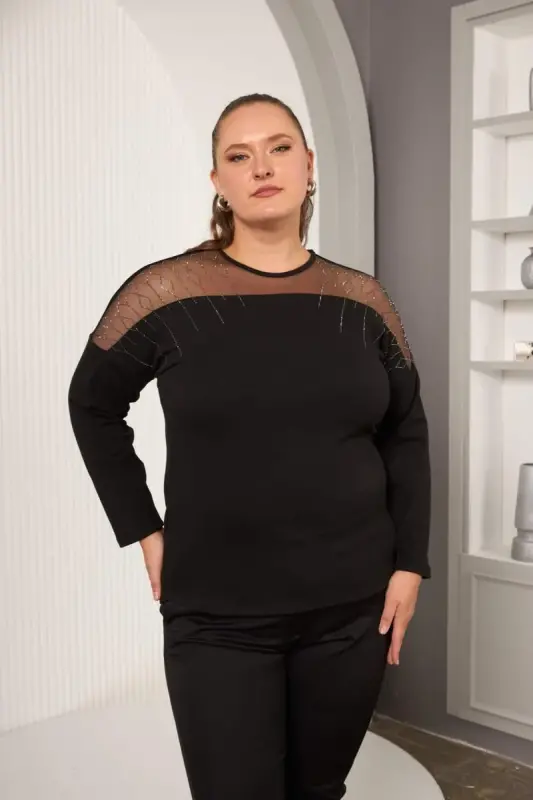 Shoulder Tulle Stone Detailed Plus Size Blouse Black - BÜYÜKBEDENIZ