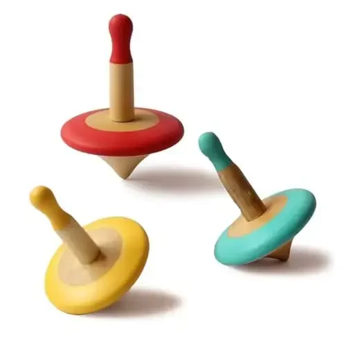 Shumee Spinning Tops for Kids 2 3 4 5+ Year Old| Set of 3 Wooden Montessori Toys| Improves Hand Eye Coordination| Great for Sensory Play| Eco-Friendly 100% Child Safe (Red/Blue/Yellow) Thanks Giving - 3