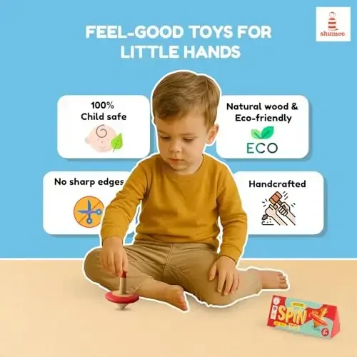 Shumee Spinning Tops for Kids 2 3 4 5+ Year Old| Set of 3 Wooden Montessori Toys| Improves Hand Eye Coordination| Great for Sensory Play| Eco-Friendly 100% Child Safe (Red/Blue/Yellow) Thanks Giving - MODAZONE (1)