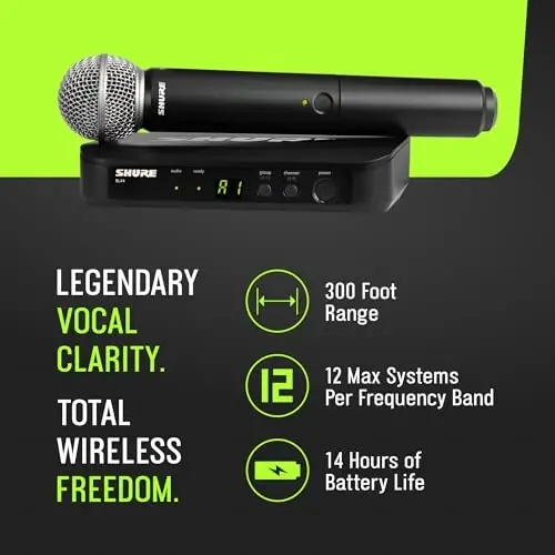 Shure BLX24/SM58 Simsiz Mikrofon Sistemasi - 14 soatlik batareya ishlash muddati, 300 fut masofa, UHF | SM58 qo'lda vokal mikrofonni, bitta kanalli qabul qilgichni o'z ichiga oladi | J11 diapazoni (BLX24/SM58-J11) - 4