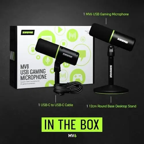 Shure MV6 o‘yin mikrofoni, video o‘yinlari va striming uchun dinamik USB PC mikrofoni — stol usti stendi, orqa fon shovqinini bekor qilish, bir marta tegib ovozni o‘chirish va real vaqt rejimida naushnikni kuzatish uchun 3,5 mm chiqish - 3