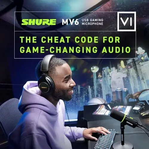 Shure MV6 o‘yin mikrofoni, video o‘yinlari va striming uchun dinamik USB PC mikrofoni — stol usti stendi, orqa fon shovqinini bekor qilish, bir marta tegib ovozni o‘chirish va real vaqt rejimida naushnikni kuzatish uchun 3,5 mm chiqish - 5