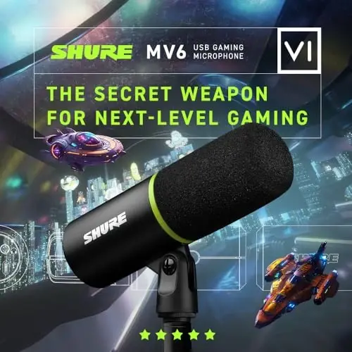 Shure MV6 Gaming Microphone, Dynamic USB PC Mic for Video Games & Streaming - Desktop Stand, Background Noise Cancellation, Tap-to-Mute & 3.5mm Output for Real-Time Headphone Monitoring - 6