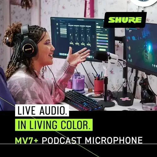 Shure MV7+ Podcast Dynamic Microphone – OBS Certified, Enhanced Audio, LED Panel, USB-C & XLR Outputs, Auto Level Mode, Digital Pop Filter, Reverb Effects – For Podcasting, Streaming, Recording, White - 4