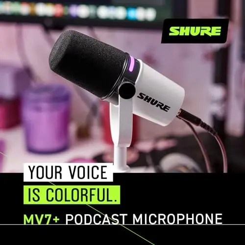 Shure MV7+ Podcast Dynamic Microphone – OBS Certified, Enhanced Audio, LED Panel, USB-C & XLR Outputs, Auto Level Mode, Digital Pop Filter, Reverb Effects – For Podcasting, Streaming, Recording, White - 6