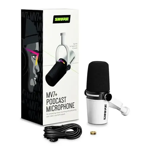 Shure MV7+ Подкаст Динамический Микрофон – Сертифицирован OBS, Улучшенный звук, LED-панель, Выходы USB-C и XLR, Режим автоматического уровня, Цифровой поп-фильтр, Эффекты реверберации – Для подкастинга, потоковой передачи, записи, белый - 2