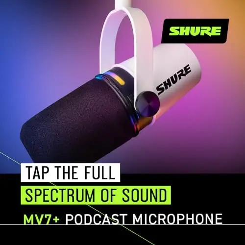 Shure MV7+ Подкаст Динамический Микрофон – Сертифицирован OBS, Улучшенный звук, LED-панель, Выходы USB-C и XLR, Режим автоматического уровня, Цифровой поп-фильтр, Эффекты реверберации – Для подкастинга, потоковой передачи, записи, белый - 3