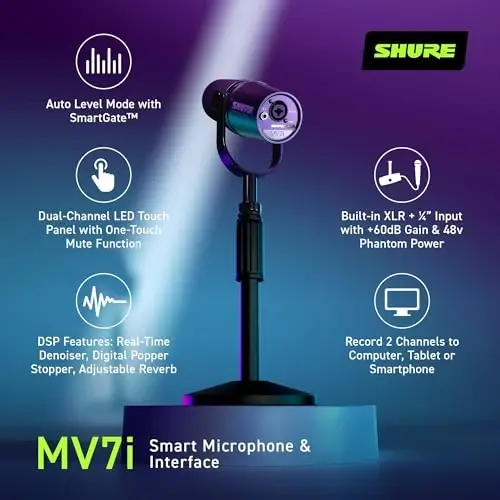 Shure MV7i Smart Microphone – USB-C & XLR Mic for Podcasting, Music & Streaming with Built-in Audio Interface, Auto Level Mode, Advanced DSP, All-Metal Design, Black - 2
